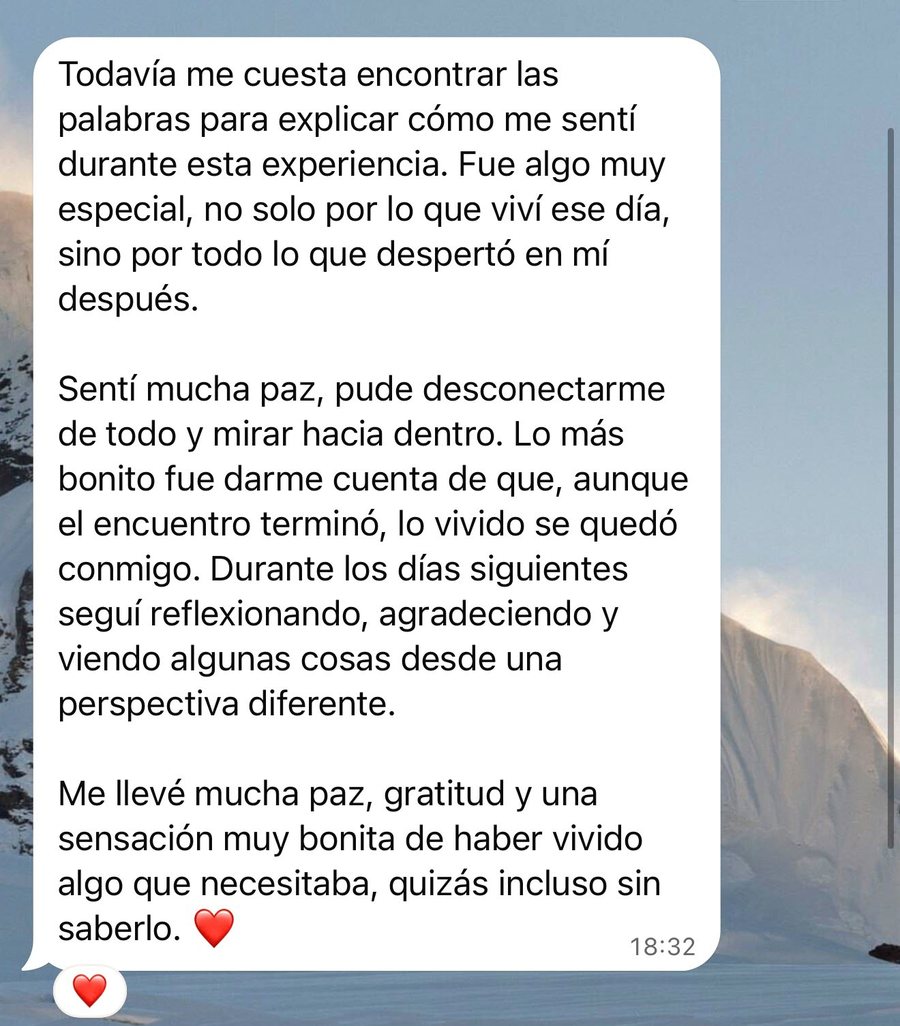 Mensaje de WhatsApp de una participante: sentí mucha paz, pude desconectarme de todo y mirar hacia dentro